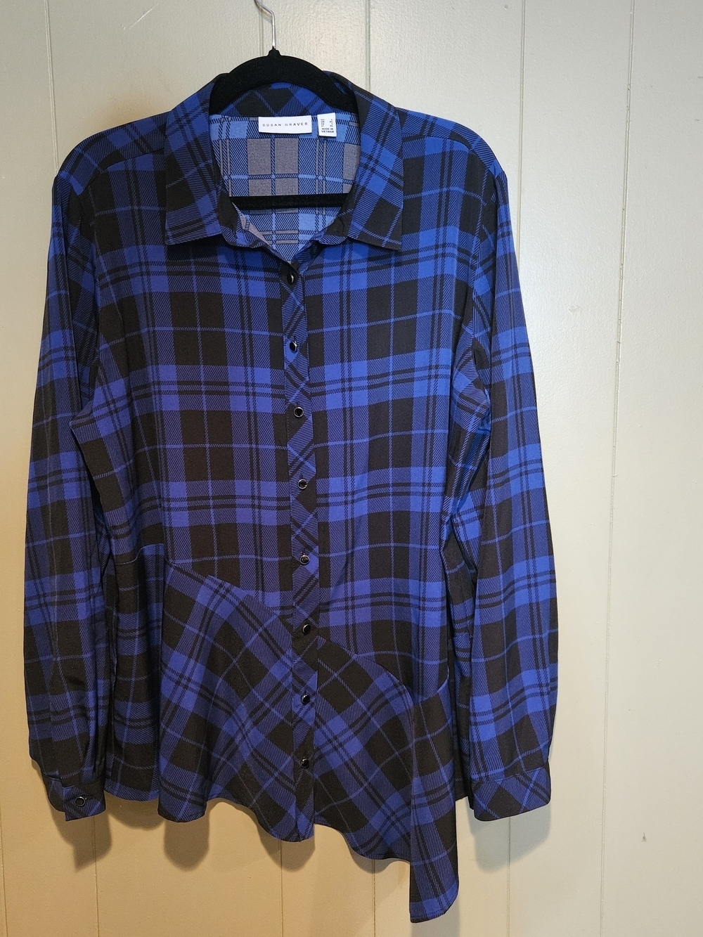 Susan Graver Blue Black Plaid Button Down Top Size L Stretch Blouse Tunic Shirt